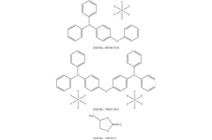 Hexafluorofosfato de difenil (4-feniltio) fenilsubônio Bis(4-(difenilsulfonio) fenil) sulfeto de bis (hexafluorofosfato) Carbonato de propileno